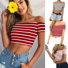 Load image into Gallery viewer, Off Shoulder Short Sleeve Striped Crop Top