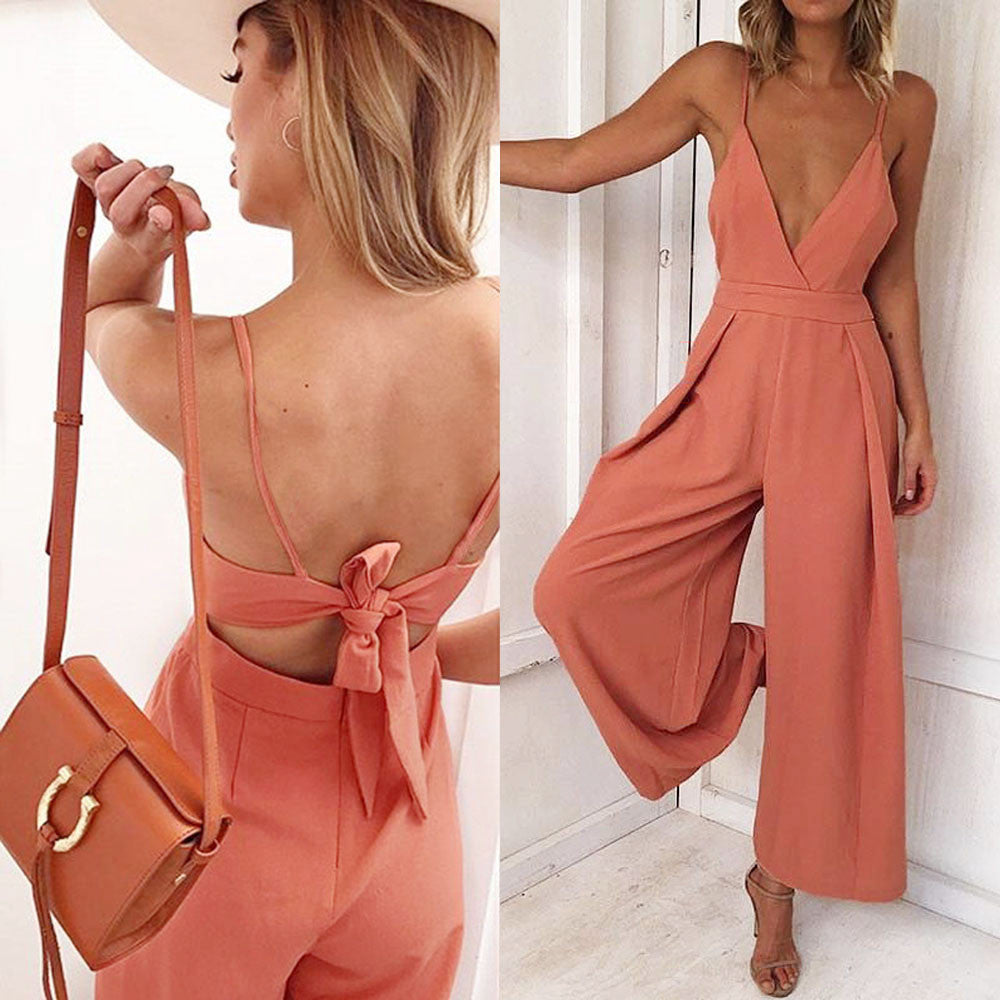 V Neck Back Bow Romper